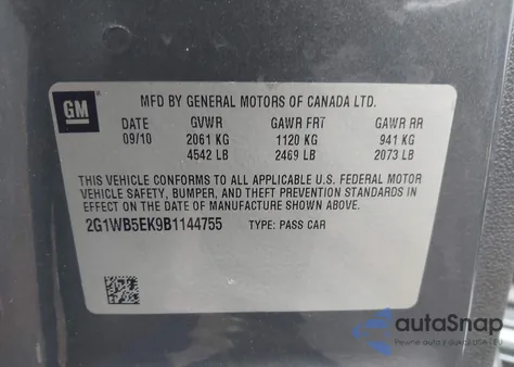 2011 Chevrolet Impala Lt z USA, uszkodzony, nr VIN 2G1WB5EK9B1144755